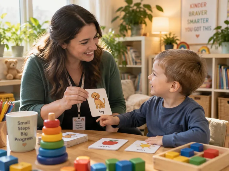 A pediatric therapist smiling with a young boy while working through picture cards at a table